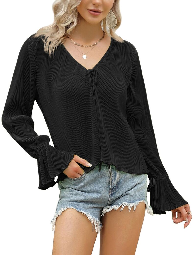 エリートチョイス レディース トップス プルオーバー V素っ首 フラウンス トップ Elitechoice Womens Tie Front Blouse Lightweight Open Front Ruffle Long Sleeves V Neck Tops Black 黒いこと