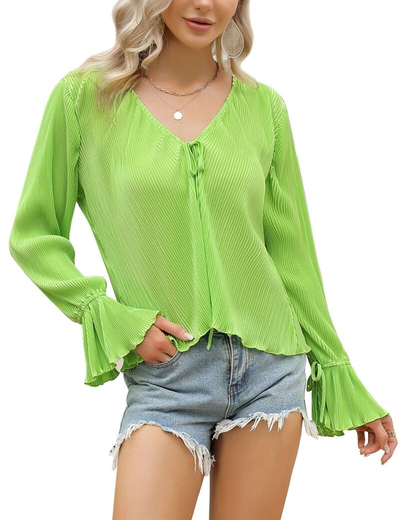 エリートチョイス レディース トップス プルオーバー V素っ首 フラウンス トップ Elitechoice Womens Tie Front Blouse Lightweight Open Front Ruffle Long Sleeves V Neck Tops Green 緑であること
