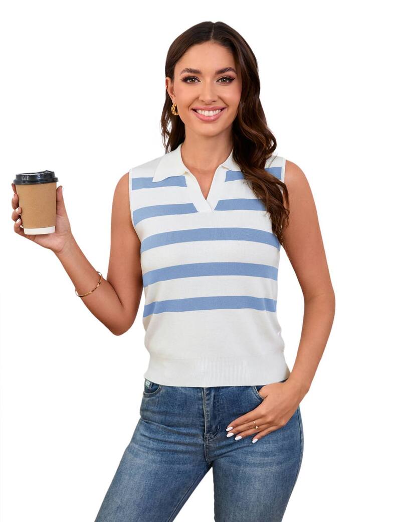 ファンジュライ レディース アウター 編み物・スウェーター Vのど首 より良い ノースリーブ FUNJULY Women\u0027sleeveless V-Neck Striped Color Block Sweater Vest Blue And White 白いこと