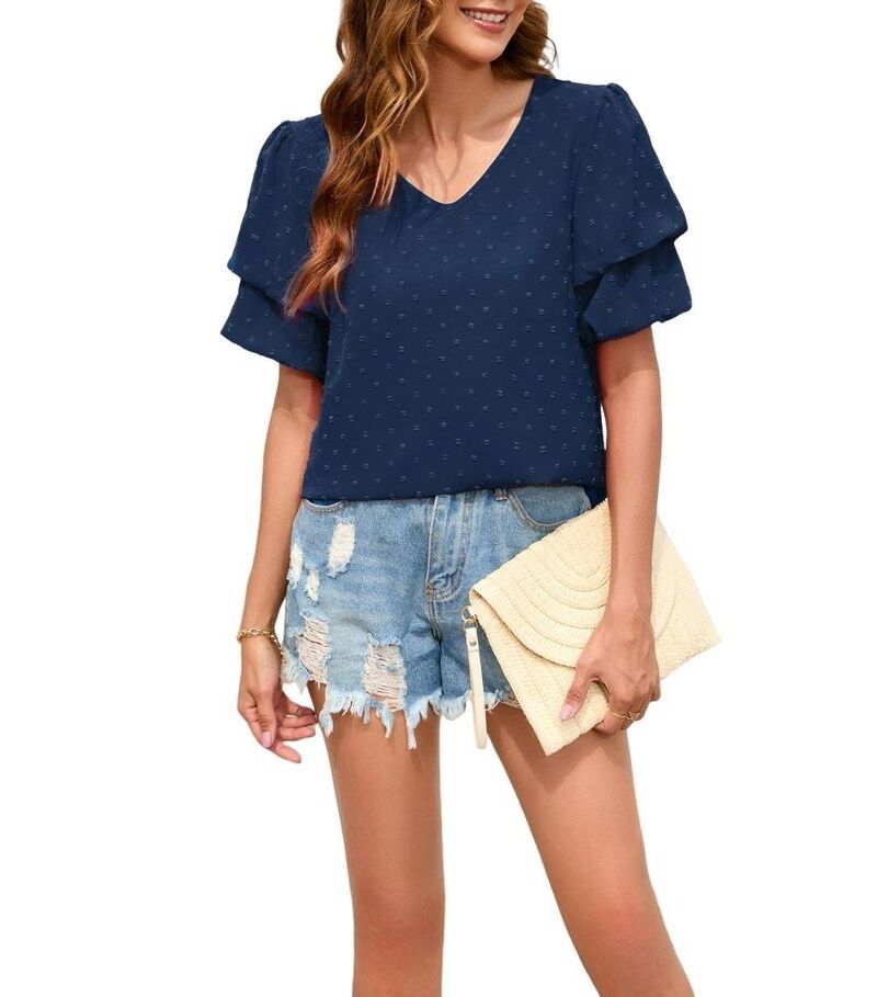 エリートチョイス レディース トップス プルオーバー Vのど首 ティアード トップ Elitechoice Womens V Neck Swiss Dot Blouse Tiered Short Sleevelegant Shirts Casual Summer Tunic Tops Blue 青色