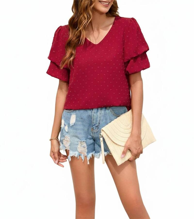 エリートチョイス レディース トップス プルオーバー Vのど首 ティアード トップ Elitechoice Womens V Neck Swiss Dot Blouse Tiered Short Sleevelegant Shirts Casual Summer Tunic Tops Red 赤いこと