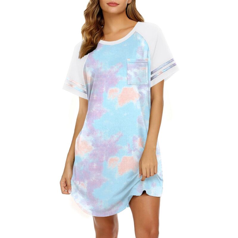 エコアー レディース アンダーウェア ナイトウェア クルーネック シャツ Ekouaer Nightgowns for Women Short Sleeve Sleepshirts Crew Neck Nightshirts Color Block Pajamas Blue Tie Dye ブルー｜ReVida 店