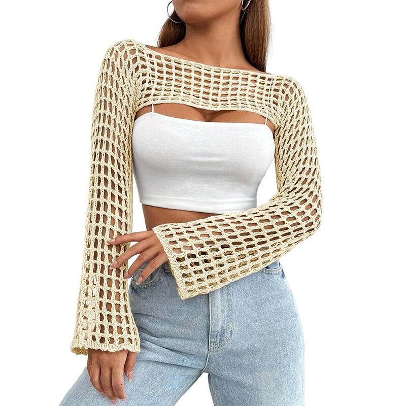 コジョイン レディース アウター 編み物・スウェーター Kojooin Women Crochet Hollow Out Sweater Shrug Long Sleeve Knitop Apricot 杏