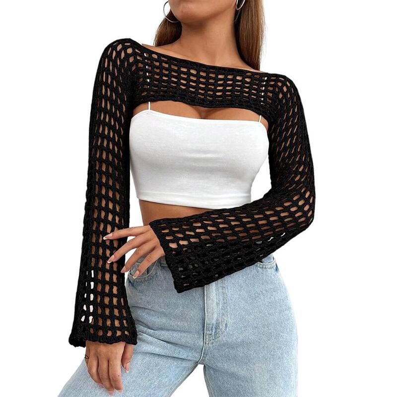コジョイン レディース アウター 編み物・スウェーター Kojooin Women Crochet Hollow Out Sweater Shrug Long Sleeve Knitop Black 黒いこと