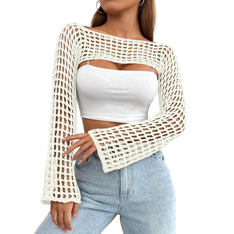 コジョイン レディース アウター 編み物・スウェーター Kojooin Women Crochet Hollow Out Sweater Shrug Long Sleeve Knitop White 白いこと