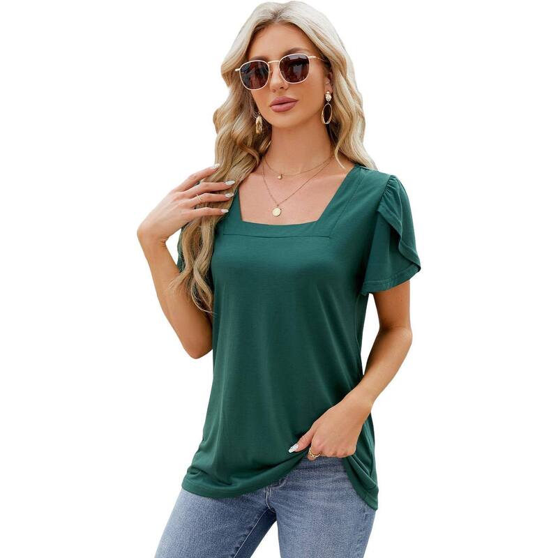 救い主流行り物 レディース トップス プルオーバー トップ Yesfashion Women\u0027short Sleeve Square Neck Topsummer Tee Shirtsolid Color Blouse Green 緑であること