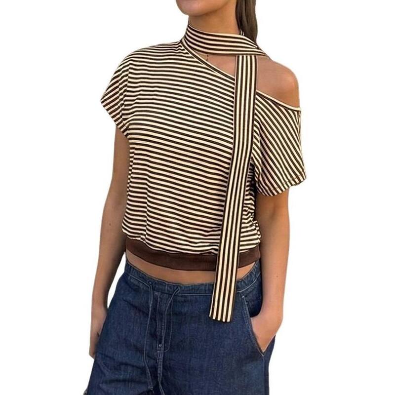 救い主流行り物 レディース トップス プルオーバー 酉の方角目じるし Yesfashion Women\u0027striped Off The Shoulder Topshort Sleeve Cinched Waist Summer Casual Tee Shirt with Scarf Brown 赤銅色
