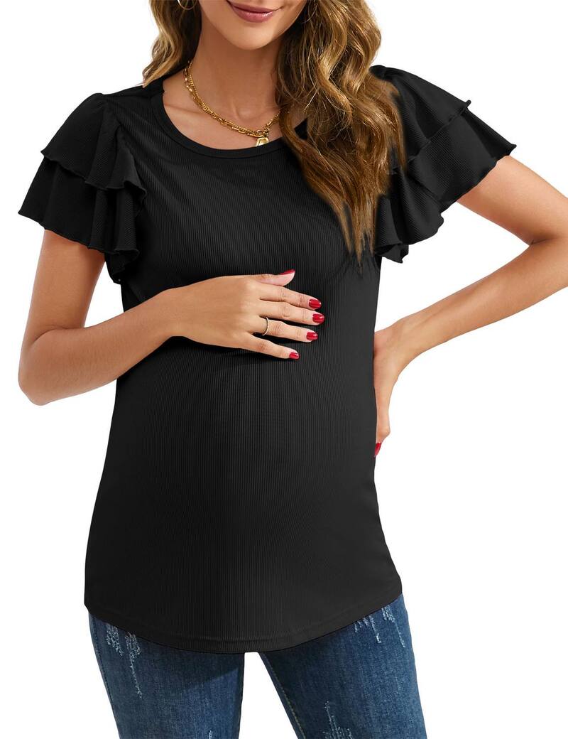 ファンジュライ レディース トップス プルオーバー 労働者の一団のど首 リブラウス 編み物 マタニティ FUNJULY Womens Maternity Blouse Short Flutter Sleeve Crew Neck Basic Solid Ribbed Knit Summer Tops Black 黒いこと