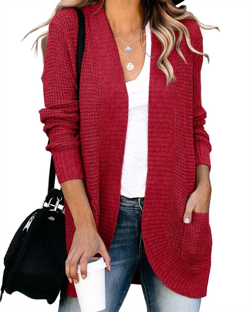 ファンジュライ レディース アウター 編み物・スウェーター ジレー FUNJULY Women\u0027s Open Front Cardigan Long Sleeves Casual Sweaters with Pockets Wine Red 赤いこと