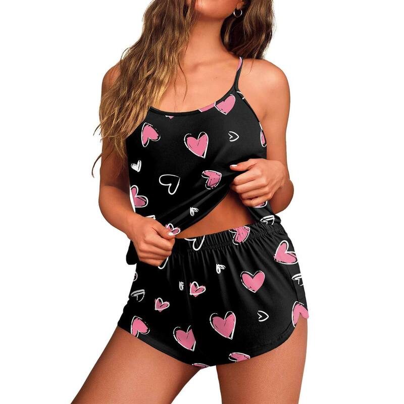 エコアー レディース アンダーウェア ナイトウェア ショートパンツ Ekouaer Womens Cami Pajama Setsoft Pjset 2 Pcamisole and Elastic Waist Shortsleepwear Black Heart ブラック｜ReVida 店