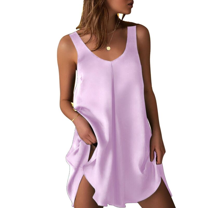 エコアー レディース アンダーお召しもの ナイト爵お召しもの Vのど首 繻子 ノースリーブ Ekouaer Women\u0027sleeveless V Neck Satinightgown Purple パープル