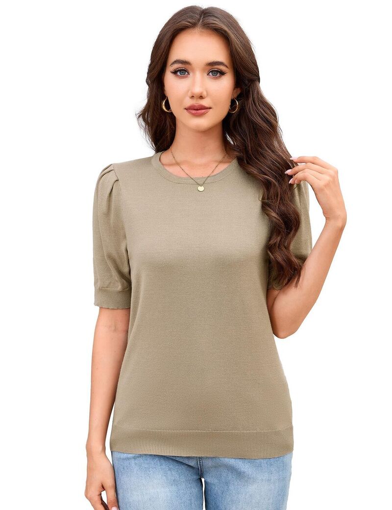 ファンジュライ レディース アウター 編み物・スウェーター 労働者の一団のど首 FUNJULY Women\u0027s Crew Neck Short Sleeve Pullover Sweater Apricot 杏