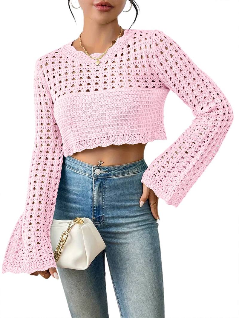 ファンジュライ レディース アウター 編み物・スウェーター FUNJULY Women\u0027s Crochet Hollow Out Crop Top Long Bell Sleeve Boho Sweater Pink サクラ色