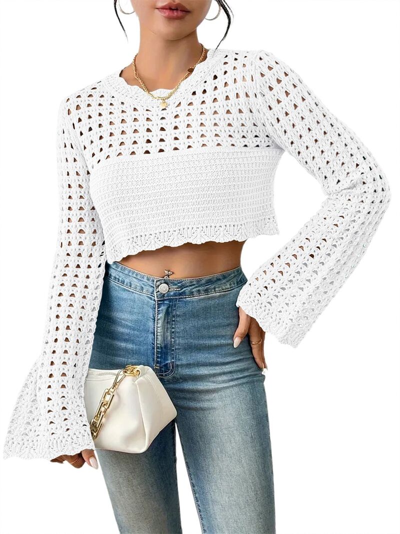 ファンジュライ レディース アウター 編み物・スウェーター FUNJULY Women\u0027s Crochet Hollow Out Crop Top Long Bell Sleeve Boho Sweater White 白いこと