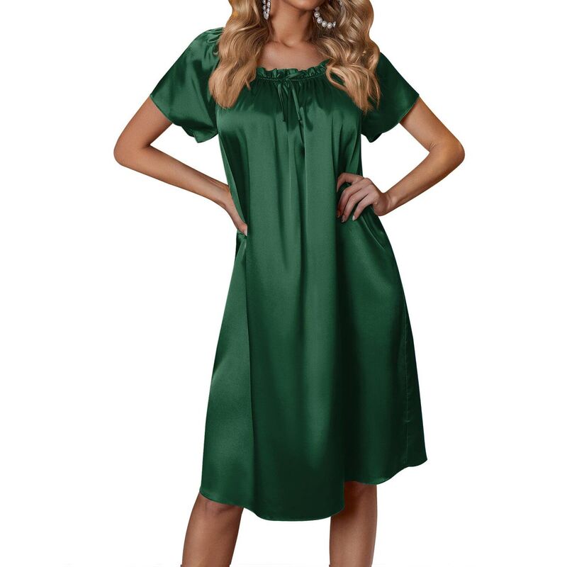 エコアー レディース アンダーウェア ナイトウェア プリント シャツ サテン シルク Ekouaer Womensatin Silk Nightgown Printed Short Sleeve Sleepshirt Loose Loungewear Evergreen｜ReVida 店