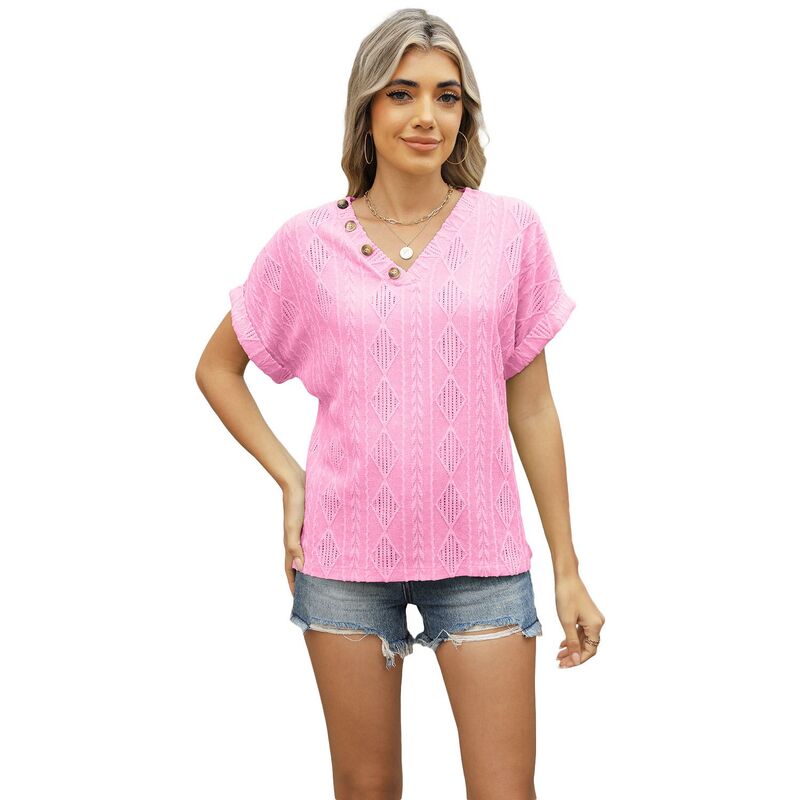 救世主流行り物 レディース トップス プルオーバー V素っ首 Yesfashion Women\u0027short Sleeve V Neck Jacquard Button T-shirt Loose Hollow Topink サクラ色