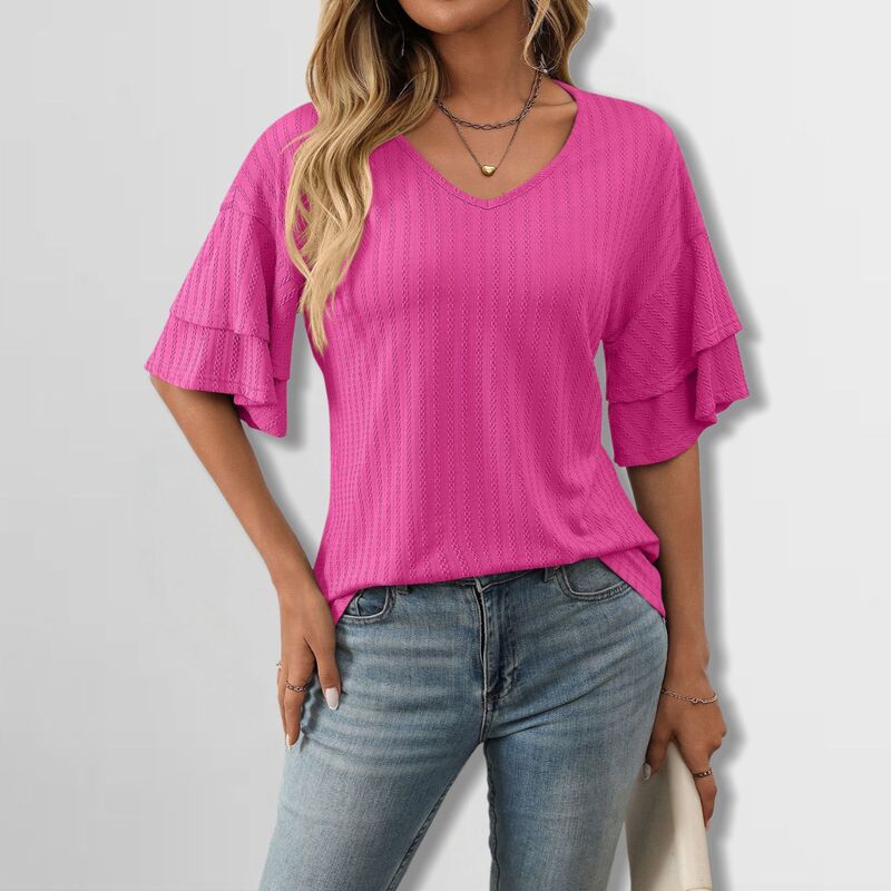 読みやすい御花 レディース トップス プルオーバー V素っ首 フラウンス ClearFlower Women\u0027s V-Neck Ruffle Sleeve Tee Texturedouble Layer Short Sleeve Top Elegant Comfort Rose Red 赤いこと