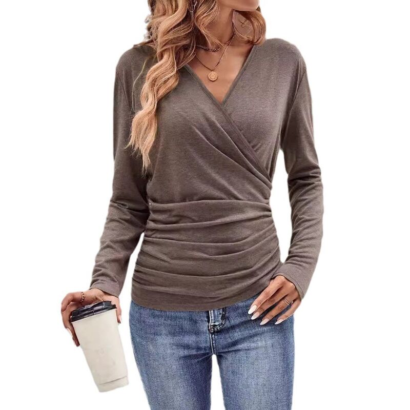 セオリア レディース トップス プルオーバー V素っ首 トップ Seoria Women Trendy Blouse V Neck Frontopsolid Long Sleeve Fitted Shirts Dailywear Vacation Tops Camel 駱駝