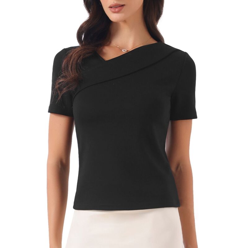 インスパイア シック レディース トップス Tシャツ スリムフィット アシンメトリー INSPIRE CHIC Summer Tops for Women Asymmetrical Neck Slim Fit Shirts Fashion Casual Tee Going Outops Black ブラック｜ReVida 店