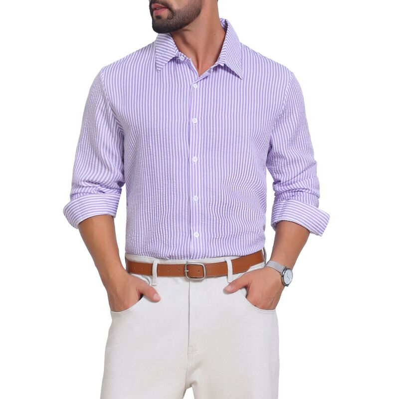 インスパイア シック レディース トップス Tシャツ ボタンダウン INSPIRE CHIC Men'seersucker Dresshirts Long Sleeve Button Down Textured Striped Shirts Purple パープル|ReVida 店