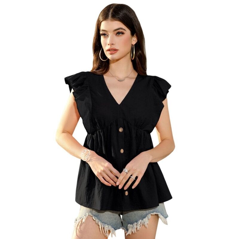 救世主流行り物 レディース トップス プルオーバー V素っ首 フラウンス トップ Yesfashion Women V Neck Clothes Dressy Blouses Ruffle Sleeve Fashion Clothing Business Casual Outfits Black 黒いこと