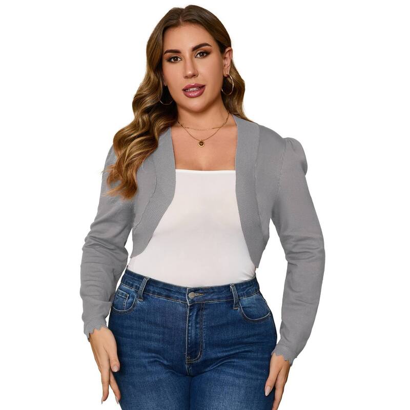 セオリア レディース アウター ニット・セーター プラスサイズ カーディガン クロップド Seoria Women Plusize Cardigan Shrug Lightweight Open Front Knit Cropped Bolero Cardigan Sweater Grey グレー｜ReVida 店