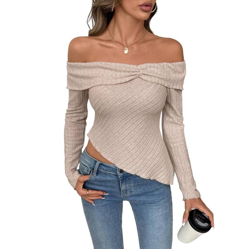 救世主流行り物 レディース トップス プルオーバー スウェーター 編み物 Yesfashion Women\u0027s Irregular Hem Off the Shoulder Sweaterslim Fitted Long Sleeve Knitted Pullover Crop Tops Khaki カーキ