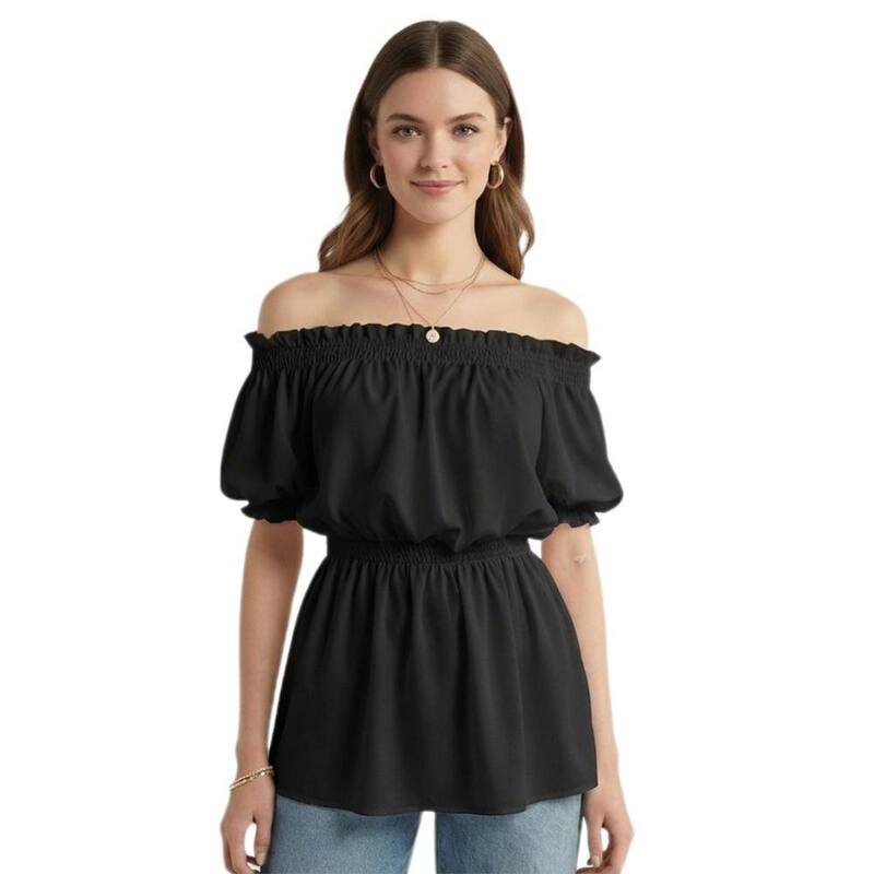 救世主流行り物 レディース トップス プルオーバー フラウンス シャーリング トップ Yesfashion Womens Off The Shoulder Peplum Topshort Sleeve Smocked Ruffle Sleeve Dressy Summer Flowy Blouses Black 黒いこと
