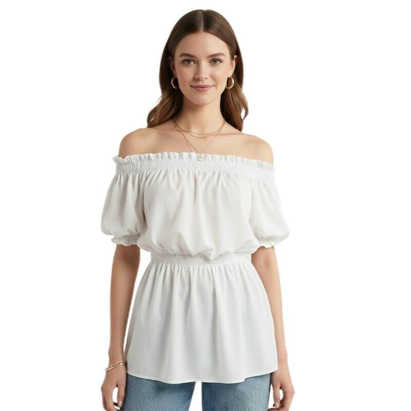 救世主流行り物 レディース トップス プルオーバー フラウンス シャーリング トップ Yesfashion Womens Off The Shoulder Peplum Topshort Sleeve Smocked Ruffle Sleeve Dressy Summer Flowy Blouses White 白いこと
