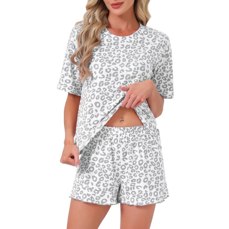 インスパイア シック レディース アンダーウェア ナイトウェア フリル シャツ ショートパンツ INSPIRE CHIC Women's Pajama Set Short Sleeves Ruffle Round Neck Ruffled Hem Loungewear Shirt and Shorts 2 Pcs Grey グレー｜ReVida 店