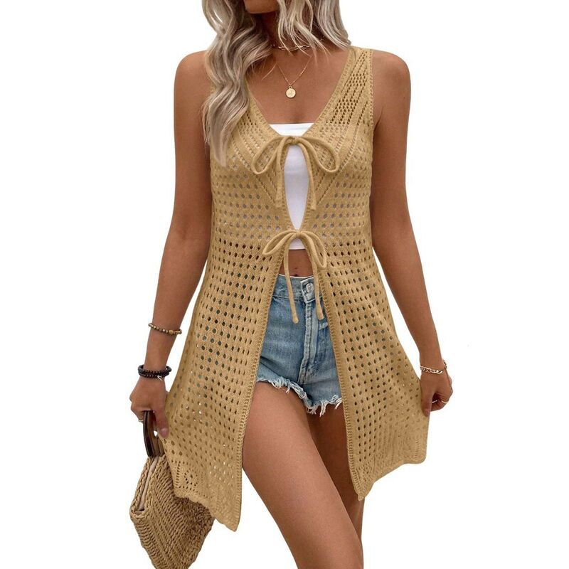 イエスファッション レディース アウター ニット・セーター 背中開き ノースリーブ Yesfashion Women Swimsuit Cover Up Crochet Hollow Out Backless Beach Sleevelesswimwear Knit Dresse Khaki カーキ｜ReVida 店