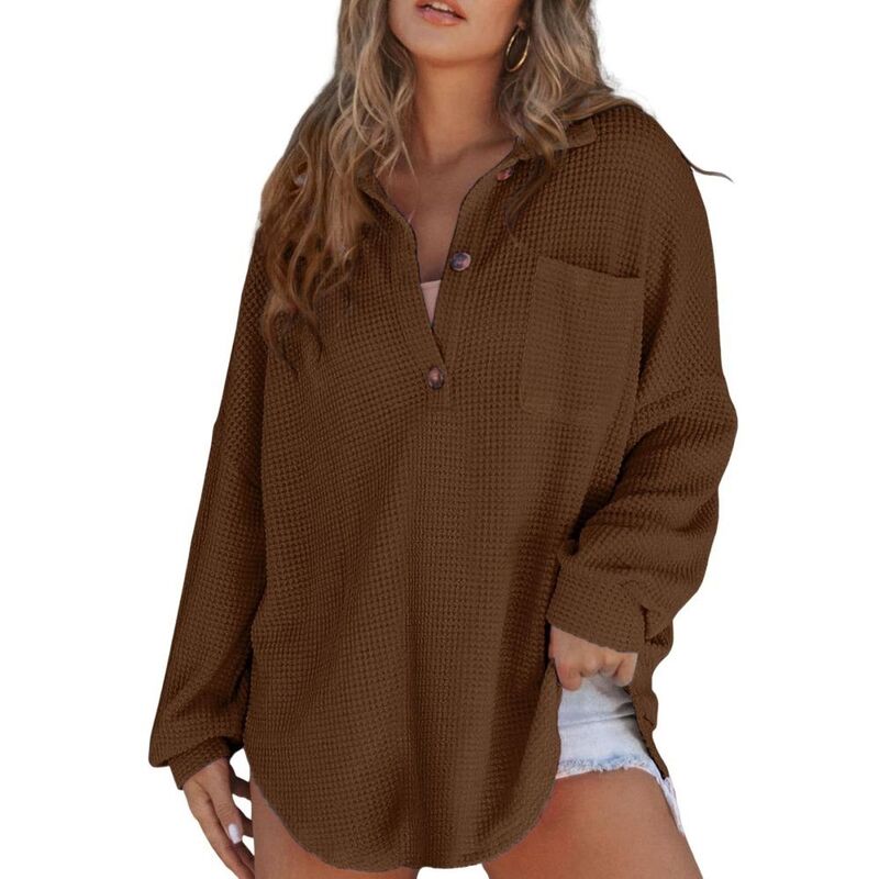 セオリア レディース トップス プルオーバー Vのど首 編み物 Seoria Women Waffle Knit Shirts Tops Long Sleeve V Neck Solid Color Casual T Shirts Brown 赤銅色