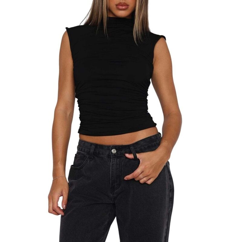 救世主流行り物 レディース トップス プルオーバー モックネック 筋目 ノースリーブ Yesfashion Women\u0027solid Color Basic Tops Half Mock Neck Sleeveless Pleated Shirts Black 黒いこと