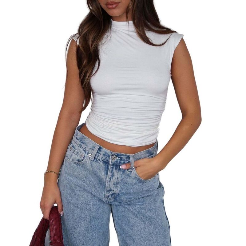 救世主流行り物 レディース トップス プルオーバー モックネック 筋目 ノースリーブ Yesfashion Women\u0027solid Color Basic Tops Half Mock Neck Sleeveless Pleated Shirts White 白いこと