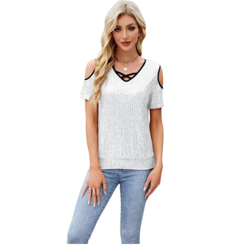 イエスファッション レディース トップス Tシャツ Vネック スパンコール Yesfashion Women's V Neck Glitter Sequinsparkle Shimmer Concert Disco Party Shirts White ホワイト｜ReVida 店