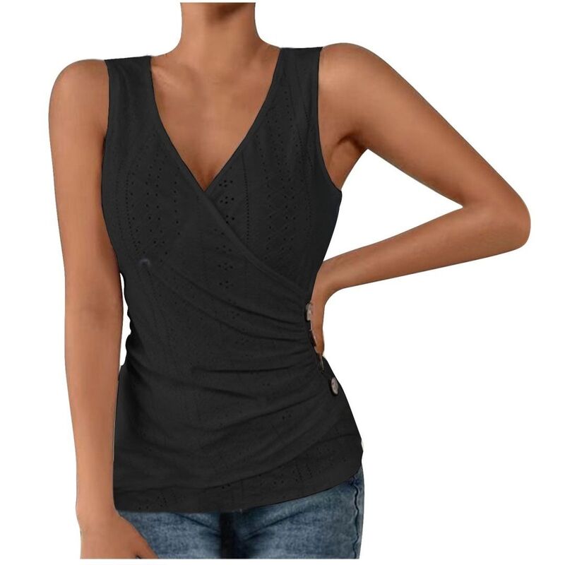 イエスファッション レディース トップス Tシャツ Vネック ギャザー ノースリーブ Yesfashion Women's V Neck Tank Topsolid Color Sleeveless Wrap Tops Fitted Ruched T Shirts Black ブラック|ReVida 店