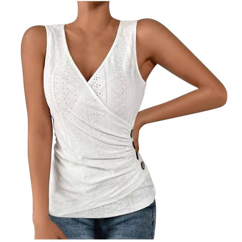 イエスファッション レディース トップス Tシャツ Vネック ギャザー ノースリーブ Yesfashion Women's V Neck Tank Topsolid Color Sleeveless Wrap Tops Fitted Ruched T Shirts White ホワイト|ReVida 店