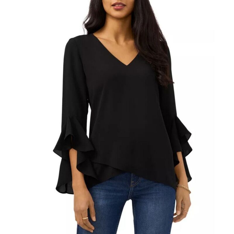 救世主流行り物 レディース トップス プルオーバー V素っ首 フラウンス トップ Yesfashion Women\u0027s Blouse Ruffle 3/4 Sleeve Tops V Neck Solid Color Business Casual Blouseshirts Black 黒いこと