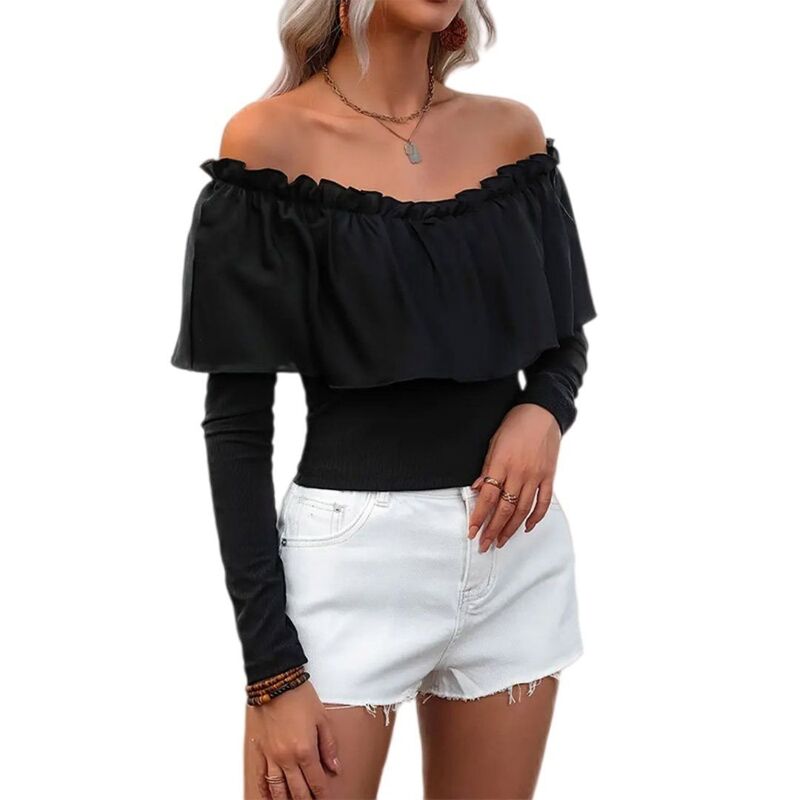 イエスファッション レディース トップス Tシャツ リブニット フリル ニット Yesfashion Women's Off Shoulder Long Sleeve Rib Knit Ruffle Tops Black ブラック｜ReVida 店