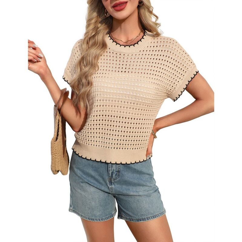 救い主流行り物 レディース アウター 編み物・スウェーター 旗がしら Yesfashion Crochet Cap Sleeve Sweater Pullover Cute Spring \u0026 Summer Beach Vacation Top Beige Black 黒いこと
