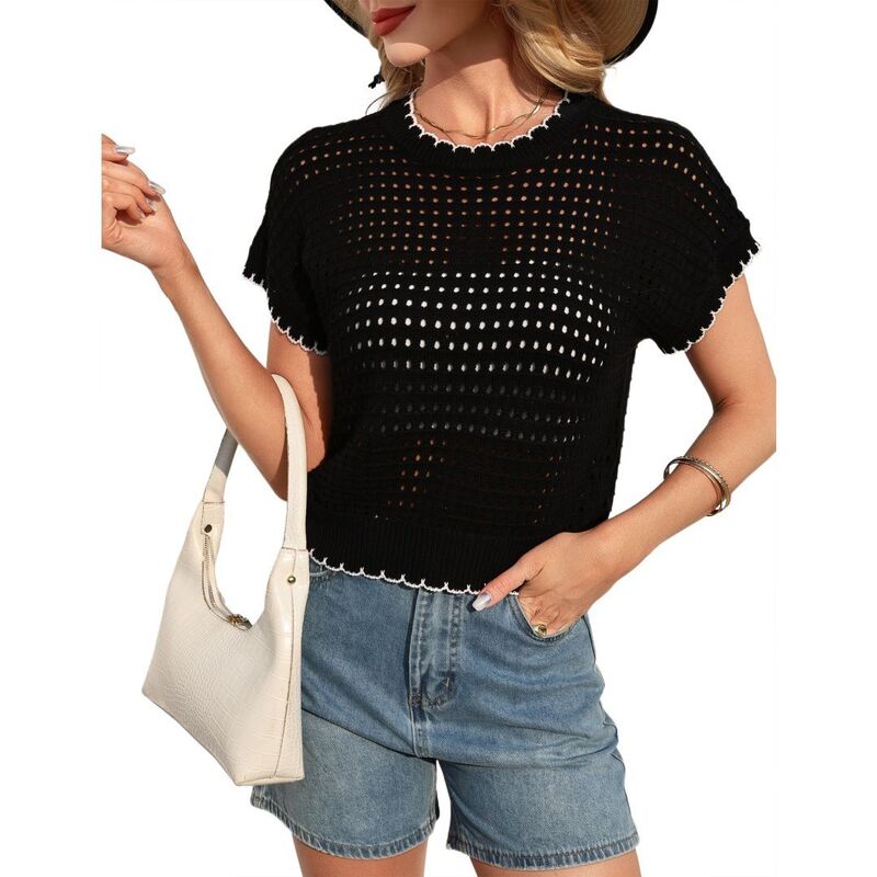 救い主流行り物 レディース アウター 編み物・スウェーター 旗がしら Yesfashion Crochet Cap Sleeve Sweater Pullover Cute Spring \u0026 Summer Beach Vacation Top Black White 白いこと