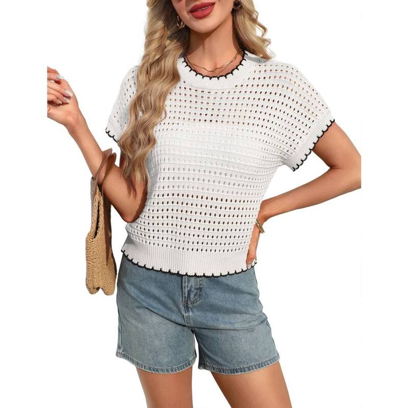 救い主流行り物 レディース アウター 編み物・スウェーター 旗がしら Yesfashion Crochet Cap Sleeve Sweater Pullover Cute Spring \u0026 Summer Beach Vacation Top White Black 白いこと
