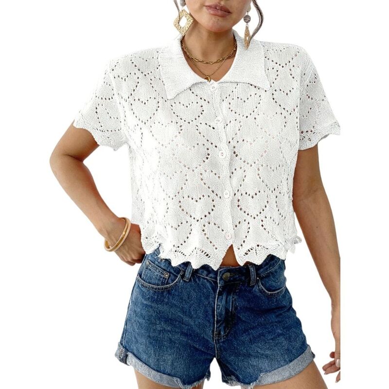 救い主流行り物 レディース アウター 編み物・スウェーター Vのど首 ジレー Yesfashion Women\u0027short Sleeve V-Neck Button up Lightweight Hollow Out Sweater Cardiganshrug White 白いこと