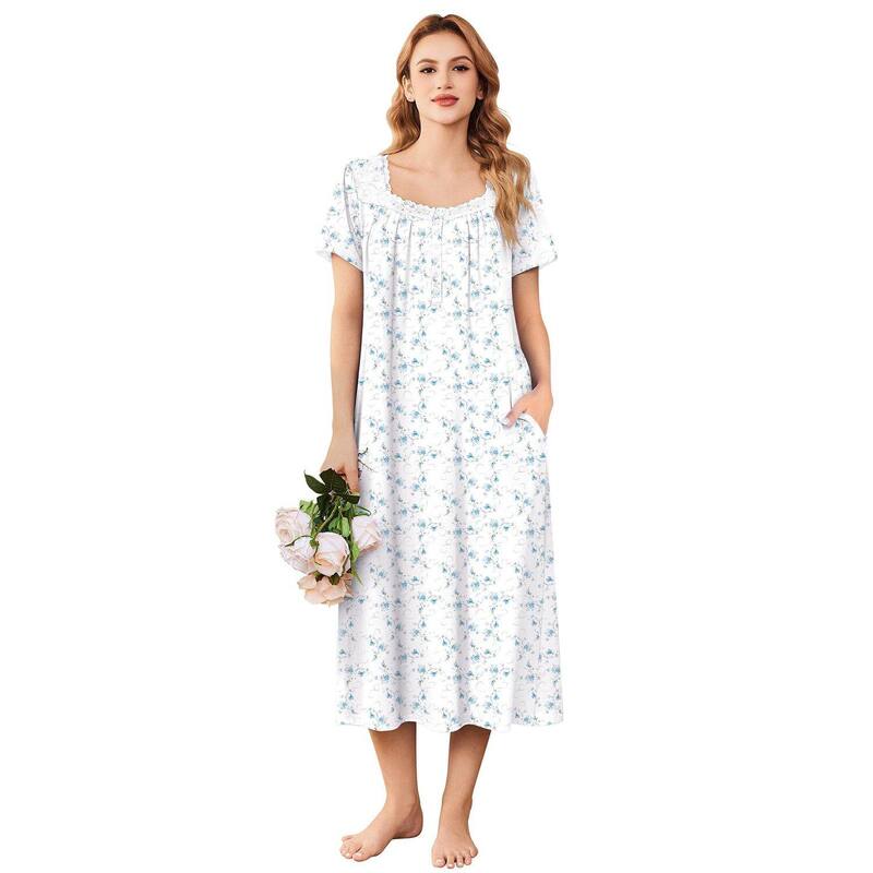 エコアー レディース アンダーウェア ナイトウェア シャツ レース Ekouaer Nightgowns for Women Long Sleepshirts Lace Nightdresshort Sleeve Soft House Dress Blue Floral ブルー|ReVida 店