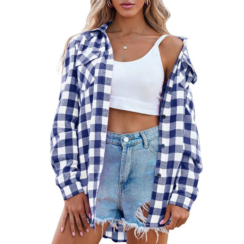 ジーグー レディース トップス プルオーバー 名取り草落ちこむ Zeagoo Womens Flannel Shirts Long/Roll Up Sleeve Collared Button Down Plaid Shirt Casual Work Tops Dark Blue 青色