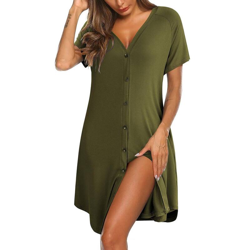エコアー レディース アンダーウェア ナイトウェア Vネック 半袖 Ekouaer Women'soft Short-Sleeve Button-Front V-Neck Nightgown with Pockets Green グリーン｜ReVida 店
