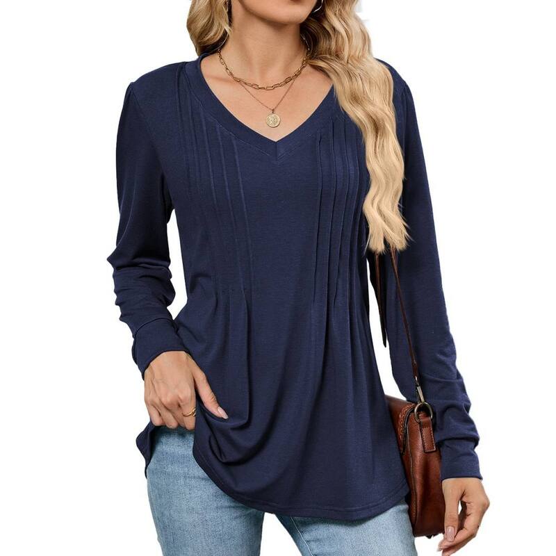 救世主流行り物 レディース トップス プルオーバー V素っ首 筋目 トップ Yesfashion Women\u0027s V Neck Long Sleeve Tops Dressy Casual Pleated Solid Color Blouses Tee Shirts Navy Blue 米国海軍