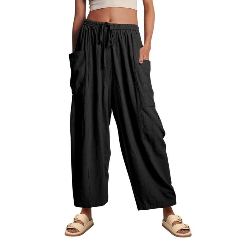 救い主流行り物 レディース ボトムス 心地よいズボン下 ワイドレッグ Yesfashion Womens Wide Leg Casualoose Drawstring Flowy Beach Palazzo Harem Pants with Pockets Black 黒いこと