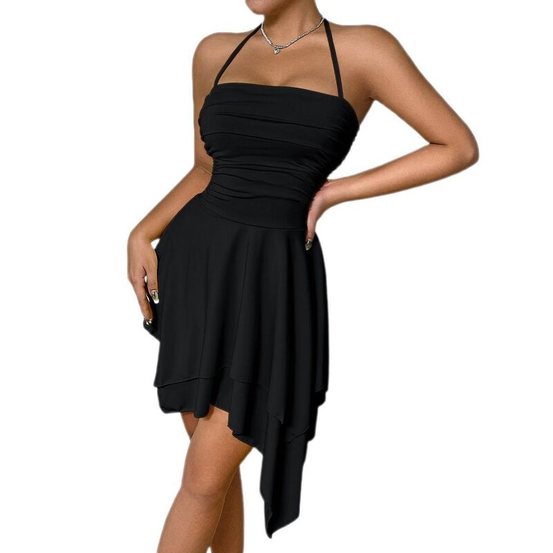 イエスファッション レディース トップス ワンピース 背中開き ギャザー フリル ホルター Yesfashion Women'summer Off the Shoulder Dress Bodycon Ruched Backless Halter Flowy Ruffle Dresses Black ブラック｜ReVida 店