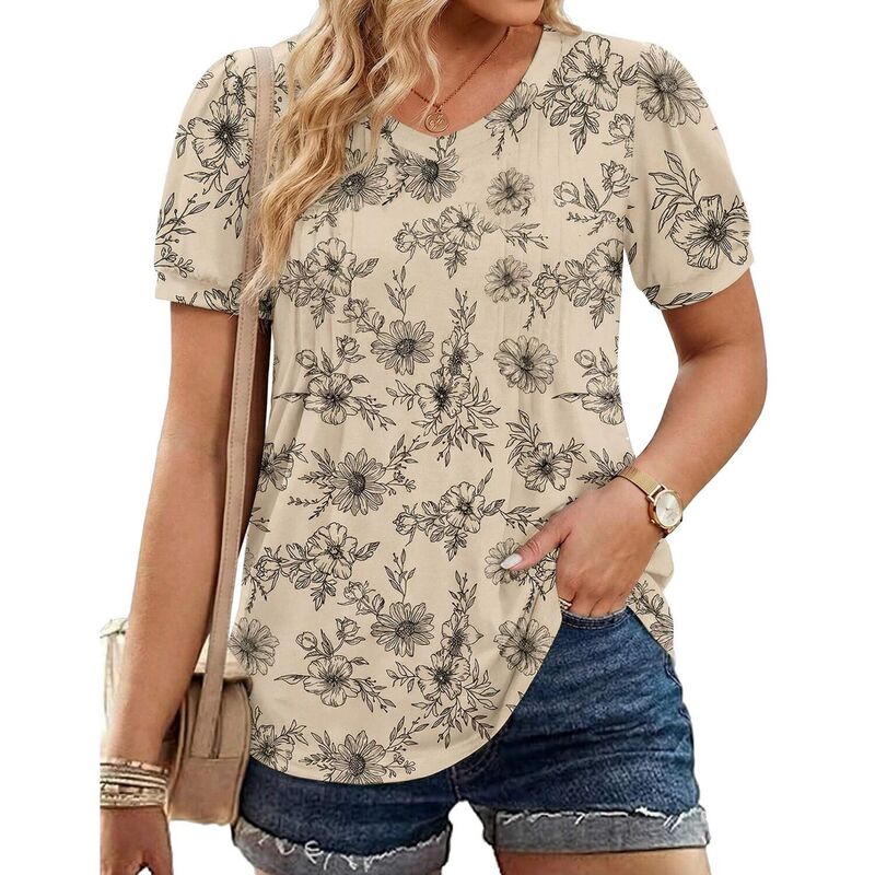 ジーグー レディース トップス プルオーバー Vのど首 御花柄 筋目 トップ 御花 Zeagoo Women\u0027s Puff Short Sleeve Pleated V Neck Tunic Tops Casual Floral Blouses Beige Floral ベージュ